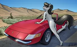 Size: 2670x1620 | Tagged: suggestive, artist:apocheck13, derpibooru import, octavia melody, anthro, earth pony, plantigrade anthro, ass, bedroom eyes, breasts, butt, car, convertible, desert, eyebrows, eyebrows visible through hair, feet, female, ferrari, ferrari 365, ferrari daytona, image, leaning forward, looking at you, nudity, png, signature, smiling, smiling at you, solo, solo female, treblebutt