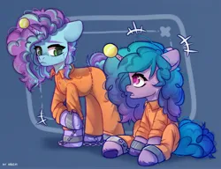 Size: 3000x2300 | Tagged: safe, artist:shelti, derpibooru import, ball, clothes, commissioner:rainbowdash69, cuffed, horn, hornball, image, izzy's tennis ball, jpeg, never doubt rainbowdash69's involvement, prison outfit, prisoner, prisoner misty, shackles, tennis ball