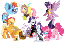 Size: 2965x1968 | Tagged: safe, artist:spring_spring, derpibooru import, applejack, big macintosh, fluttershy, pinkie pie, rainbow dash, rarity, shining armor, twilight sparkle, twilight sparkle (alicorn), alicorn, best gift ever, armor, bag, burger, christmas, christmas rift, christmas tree, clothes, commission, craft, food, gold, hat, hearth's warming, holiday, horseshoes, image, implied big macintosh, implied cheese sandwich, implied discord, implied maud pie, implied scootaloo, implied shining armor, implied spike, implied sugar belle, jacket, mane six, music box, paper bag, party cannon, png, present, rock, scooter, sculpture, shadow, shining, simple background, singing, transparent background, tree