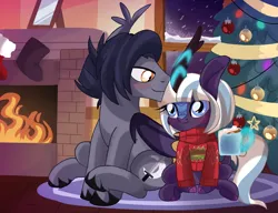 Size: 2833x2172 | Tagged: safe, artist:spookyle, derpibooru import, oc, oc:moonlit breeze, oc:night crawl, unofficial characters only, bat pony, kirin, pony, christmas, christmas stocking, christmas tree, clothes, female, fire, fireplace, holiday, image, magic, male, png, snow, snowfall, stallion, sweater, tree, window