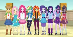 Size: 1251x639 | Tagged: safe, applejack, fluttershy, pinkie pie, rainbow dash, rarity, sci-twi, sunset shimmer, twilight sparkle, human, equestria girls, boots, high heel boots, humane five, humane seven, humane six, humanized, image, jpeg, kisekae, shoes, solo