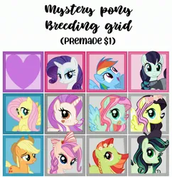 Size: 2885x2978 | Tagged: safe, artist:vernorexia, derpibooru import, applejack, coloratura, fluttershy, rainbow dash, rarity, oc, earth pony, pegasus, pony, unicorn, adoptable, appledash, bandaid, bandaid on nose, beret, bow, braid, choker, colored wings, daisy crown, female, floral head wreath, flower, flutterdash, food, freckles, gradient wings, grid, hair bow, hat, image, jpeg, lesbian, magical lesbian spawn, multicolored hair, multicolored mane, offspring, rarajack, rarashy, rarijack, shipping, shipping chart, strawberry, wings