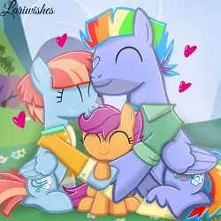 Size: 1300x1300 | Tagged: safe, artist:mlplary6, derpibooru import, bow hothoof, scootaloo, windy whistles, pegasus, pony, eyes closed, family, female, filly, foal, heart, hug, image, male, mare, png, scootalove, sitting, smiling, stallion