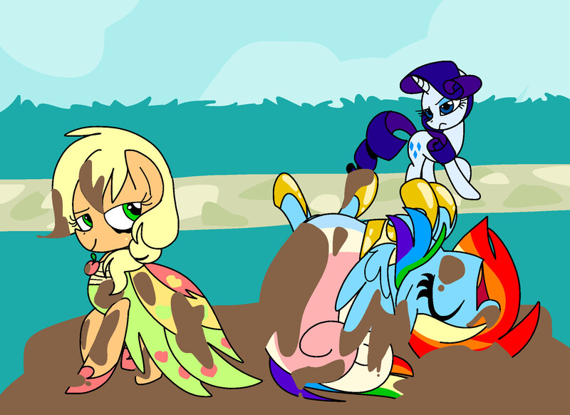 Size: 2200x1600 | Tagged: safe, artist:andromedasparkz, derpibooru import, applejack, rainbow dash, rarity, earth pony, pegasus, pony, unicorn, clothes, dress, female, image, jpeg, mare, missing accessory, mud, trio