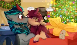 Size: 3300x1959 | Tagged: safe, artist:rutkotka, derpibooru import, oc, unofficial characters only, kirin, pony, boop, box, christmas, christmas stocking, christmas tree, christmas wreath, couple, cute, duo, fireplace, food, holiday, image, indoors, kirin oc, kissing, lights, oc x oc, ornaments, png, pony in a box, present, shipping, tree, wreath