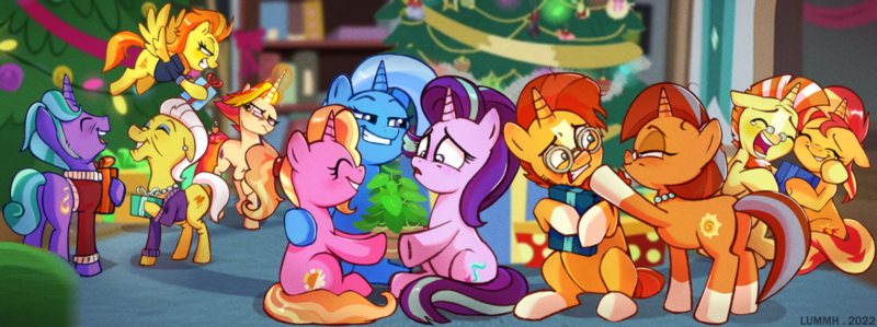 Size: 5169x1934 | Tagged: safe, artist:lummh, derpibooru import, fire flare, firelight, luster dawn, phyllis, spitfire, starlight glimmer, stellar flare, stormy flare, sunburst, sunset shimmer, trixie, earth pony, pegasus, unicorn, brother and sister, christmas, christmas tree, female, holiday, image, male, offspring, parent:starlight glimmer, parent:sunburst, parents:starburst, png, present, siblings, sunny siblings, tree