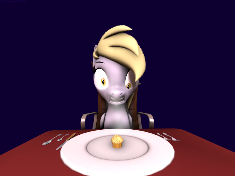 Size: 2880x2160 | Tagged: safe, derpibooru import, derpy hooves, pegasus, pony, 3d, fear, female, food, image, mare, muffin, png, solo, source filmmaker