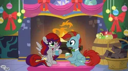 Size: 5382x3000 | Tagged: safe, derpibooru import, oc, oc:evening prose, oc:globetrotter, unofficial characters only, pegasus, pony, bowtie, chocolate, christmas, female, food, freckles, hearth's warming, hearth's warming eve, holiday, hot chocolate, image, jewelry, male, mare, mug, necklace, pearl necklace, png, shipping, stallion