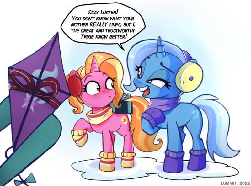 Size: 3804x2820 | Tagged: safe, artist:lummh, derpibooru import, luster dawn, starlight glimmer, trixie, pony, unicorn, clothes, duo, earmuffs, grammar error, hoof boots, hoof hold, image, implied starlight glimmer, kite, offspring, parent:starlight glimmer, parent:sunburst, parents:starburst, png, raised hoof, scarf, snow, that pony sure does love kites