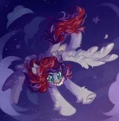 Size: 3920x4000 | Tagged: safe, artist:vanilla-chan, derpibooru import, oc, oc:evening prose, unofficial characters only, pegasus, pony, female, flying, freckles, image, jewelry, mare, necklace, night, pearl necklace, png