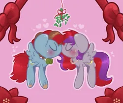 Size: 1043x872 | Tagged: safe, artist:typhwosion, derpibooru import, oc, oc:evening prose, oc:globetrotter, unofficial characters only, pegasus, pony, blushing, bowtie, female, freckles, image, jewelry, kissing, male, mare, mistletoe, necklace, pearl necklace, png, shipping, stallion