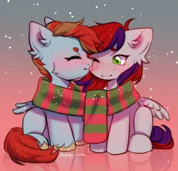 Size: 2001x1920 | Tagged: safe, derpibooru import, oc, oc:evening prose, oc:globetrotter, unofficial characters only, pegasus, pony, clothes, female, freckles, image, jewelry, licking, male, mare, necklace, pearl necklace, png, scarf, shared clothing, shared scarf, shipping, stallion, striped scarf, tongue out