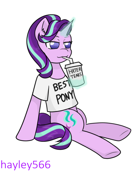 Size: 1989x2485 | Tagged: safe, artist:hayley566, derpibooru import, starlight glimmer, pony, unicorn, best pony, clothes, cup, cute, drinking, drinking straw, female, glimmerbetes, glow, glowing horn, haters gonna hate, horn, image, levitation, magic, mare, meme, png, shirt, simple background, sitting, smug, smuglight glimmer, solo, t-shirt, telekinesis, transparent background