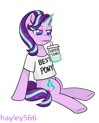 Size: 1989x2485 | Tagged: safe, artist:hayley566, derpibooru import, starlight glimmer, pony, unicorn, best pony, clothes, cup, cute, drinking, drinking straw, female, glimmerbetes, glow, glowing horn, haters gonna hate, horn, image, levitation, magic, mare, meme, png, shirt, simple background, sitting, smug, smuglight glimmer, solo, t-shirt, telekinesis, transparent background