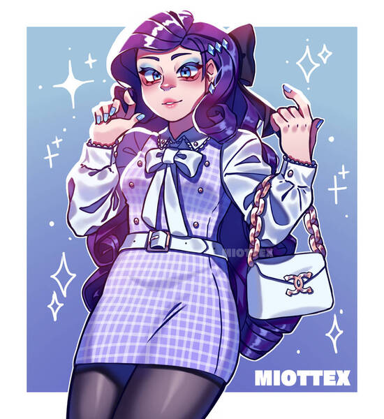 Size: 856x933 | Tagged: safe, artist:miottex, derpibooru import, rarity, human, alternate hairstyle, bag, belt, bow, bowtie, clothes, cute, ear piercing, earring, eyeshadow, female, grin, hair bow, handbag, humanized, image, jewelry, jpeg, lipstick, makeup, nail polish, pantyhose, piercing, raribetes, shirt, skirt, smiling, socks, solo, stockings, thigh highs