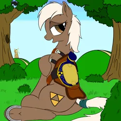 Size: 2500x2500 | Tagged: safe, alternate version, artist:graboiidz, ponified, earth pony, pony, bedroom eyes, brown coat, brown eyes, cutie mark, epona, female, hoof on shoulder, horseshoes, image, looking to the right, mare, open smile, png, rear view, saddle, seductive, seductive pose, sideways glance, sitting, smiling, solo, solo female, tack, tail wrap, the legend of zelda, tree, triforce, underhoof