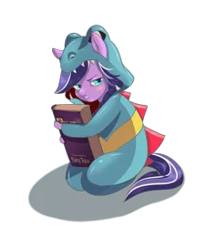 Size: 1830x2013 | Tagged: safe, artist:mdwines, derpibooru import, oc, anthro, earth pony, totodile, blushing, book, clothes, costume, earth pony oc, fairy tale, image, kigurumi, lidded eyes, looking at you, png, pokémon, protecting, solo
