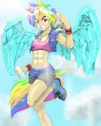 Size: 1440x1800 | Tagged: safe, artist:shawncollinsart, derpibooru import, rainbow dash, human, abs, alternate hairstyle, belly button, clothes, cloud, denim, denim shorts, eared humanization, grin, humanized, image, jewelry, jpeg, necklace, shoes, shorts, sky, smiling, sneakers, socks, solo, sports bra, tail, tailed humanization, vest, water, water bottle, winged humanization, wings, wristband