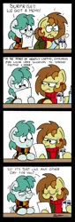 Size: 1193x3507 | Tagged: safe, artist:bobthedalek, derpibooru import, oc, oc:bubble pump, oc:clippy ticket, unofficial characters only, earth pony, pegasus, pony, comic:trottingham transport, chocolate, clothes, comic, food, hot chocolate, image, jacket, mug, paper, png, scrunchy face, startled, sweater