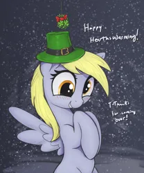 Size: 2500x3000 | Tagged: safe, artist:t72b, derpibooru import, derpy hooves, pegasus, pony, bashful, blushing, clover, derpy being derpy, female, four leaf clover, hat, hearth's warming eve, image, looking at you, mare, png, raised hoof, smiling, snow, snowfall, solo, spread wings, talking to viewer, wings