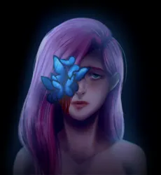 Size: 1610x1750 | Tagged: semi-grimdark, artist:toxiccolour, derpibooru import, fluttershy, butterfly, human, insect, black background, bleeding, bleeding eyes, blood, female, humanized, image, nudity, png, simple background, solo