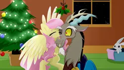 Size: 6324x3584 | Tagged: safe, artist:enviaart, derpibooru import, angel bunny, discord, fluttershy, pony, christmas, christmas tree, discoshy, female, holiday, holly, holly mistaken for mistletoe, image, kissing, male, png, shipping, straight, tree