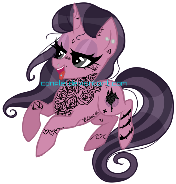 Size: 1411x1474 | Tagged: safe, artist:conflei, derpibooru import, oc, unofficial characters only, pony, unicorn, bedroom eyes, ear piercing, eyelashes, female, horn, image, makeup, mare, piercing, png, simple background, smiling, solo, tattoo, transparent background, unicorn oc
