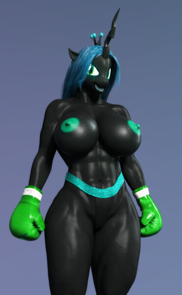 Size: 1483x2400 | Tagged: questionable, artist:hellbridge, derpibooru import, queen chrysalis, anthro, changeling, changeling queen, abs, areola, belly button, big areola, big breasts, big nipples, boxing gloves, breasts, changeling horn, clothes, crown, female, green eyes, hips, horn, image, jewelry, jpeg, looking at you, muscles, muscular female, nipples, nudity, partial nudity, regalia, smiling, solo, thighs, topless