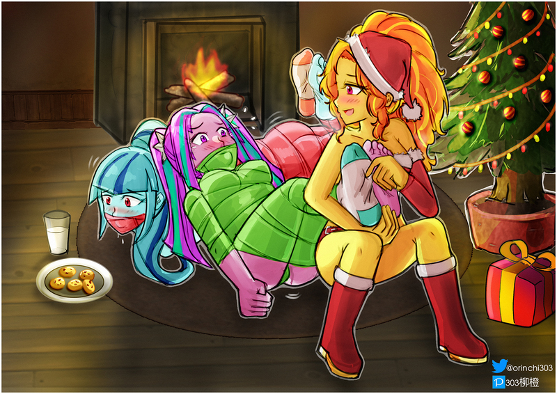 Size: 1920x1358 | Tagged: suggestive, artist:orinchi303, derpibooru import, adagio dazzle, aria blaze, sonata dusk, equestria girls, a-domme-gio, ariasub, ass, barefoot, bondage, boots, butt, christmas, christmas tree, clothes, cookie, feet, female, femdom, femsub, fireplace, food, gift wrapped, hat, holiday, image, indoors, jpeg, lesbian, milk, present, santa hat, shoes, sitting, smiling, socks, sonatasub, submissive, the dazzlings, tickling, tree