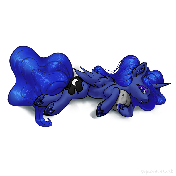 Size: 2048x2048 | Tagged: safe, artist:exploretheweb, derpibooru import, princess luna, alicorn, pony, female, folded wings, hoof shoes, hug, image, lying down, mare, moon, plushie, png, side, simple background, smiley face, solo, white background, wings