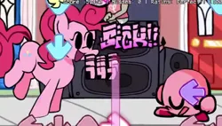 Size: 475x269 | Tagged: safe, derpibooru import, pinkie pie, earth pony, human, pony, arrow, crossover, door, female, friday night funkin', funkin' is magic, image, kirby, kirby (series), male, mare, numbers, png, puffball, sitting, smiling, speaker, standing on two hooves, text, youtube link
