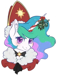 Size: 1873x2463 | Tagged: safe, artist:taytinabelle, derpibooru import, princess celestia, alicorn, pony, blushing, bust, choker, closed mouth, clothes, colored eyelashes, cute, cutelestia, cutie mark accessory, derpibooru exclusive, ear fluff, female, image, looking at you, mare, mistletoe, png, ribbon, simple background, sinterklaas, smiling, solo, transparent background
