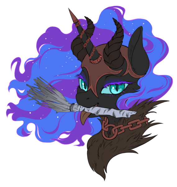 Size: 2017x2122 | Tagged: safe, artist:taytinabelle, derpibooru import, nightmare moon, alicorn, pony, armor, armored pony, bedroom eyes, birch tree, bust, chains, choker, colored eyelashes, derpibooru exclusive, fangs, female, fur coat, helmet, horned helmet, image, jewelry, krampus, looking at you, mare, mouth hold, necklace, png, simple background, smiling, solo, tongue out, transparent background, tree, tree branch