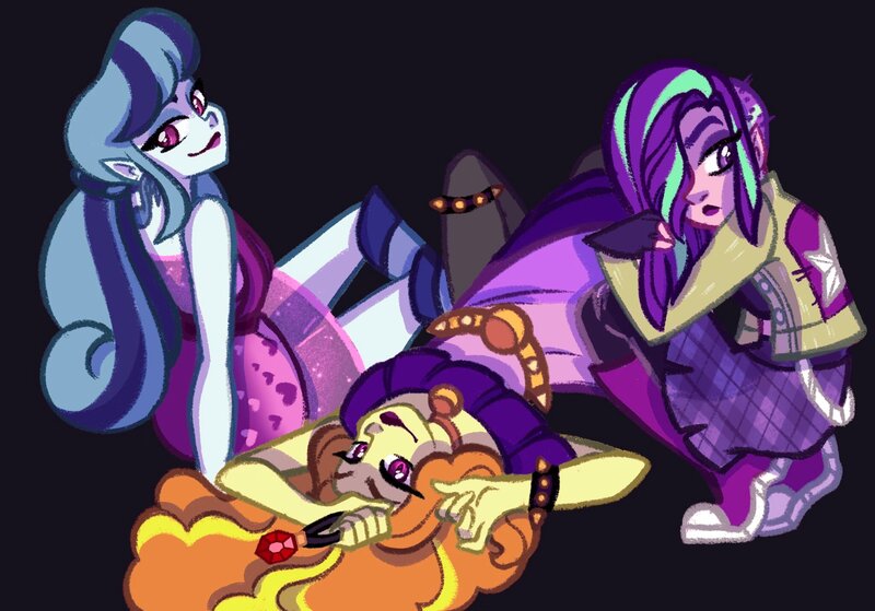 Size: 2048x1431 | Tagged: safe, artist:carouselunique, derpibooru import, adagio dazzle, aria blaze, sonata dusk, equestria girls, hair over one eye, image, jpeg, looking at you, looking back, looking back at you, lying down, on back, smiling, smiling at you, the dazzlings