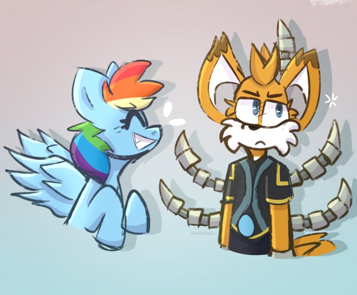 Size: 1757x1455 | Tagged: safe, artist:swiftifizzix, derpibooru import, rainbow dash, cute, image, jpeg, miles "tails" prower, smiling, sonic prime, sonic the hedgehog (series)