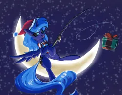 Size: 1400x1100 | Tagged: safe, artist:rocket-lawnchair, derpibooru import, princess luna, alicorn, pony, female, fishing, fishing rod, gift wrapped, horn, image, mare, mare in the moon, moon, png, present, s1 luna, solo, solo female, spread wings, wings