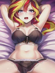 Size: 512x682 | Tagged: suggestive, derpibooru import, editor:sammykun, machine learning generated, novelai, stable diffusion, sunset shimmer, human, g4, belly button, black underwear, blushing, breasts, bust, busty sunset shimmer, clothes, female, humanized, image, jpeg, lingerie, looking at you, midriff, offscreen character, pov, prompter:sammykun, sexy, solo, solo female, spread legs, spreading, underwear