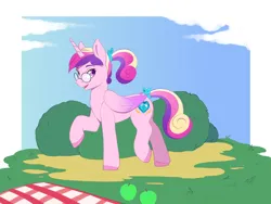 Size: 4000x3000 | Tagged: safe, artist:miramore, derpibooru import, princess cadance, alicorn, apple, bush, cute, cutie mark, female, folded wings, food, glasses, grass, green apple, image, picnic, png, ponytail, simple background, solo, solo female, trotting, wings, young cadance