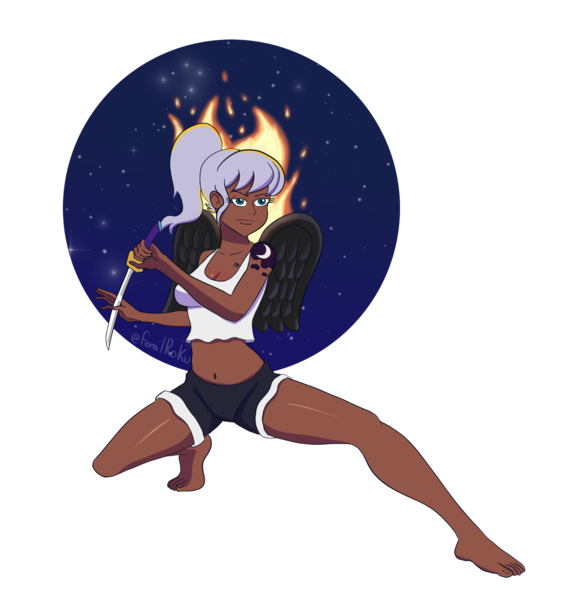 Size: 1891x1997 | Tagged: safe, artist:feralroku, derpibooru import, princess luna, oc, oc:s-moon, unofficial characters only, human, action pose, barefoot, clone, clothes, cutie mark tattoo, dark skin, feet, fire, humanized, image, one piece, png, seraphim (one piece), shorts, simple background, solo, starry eyes, sword, tattoo, transparent background, weapon, wingding eyes, winged humanization, wings