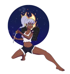 Size: 1891x1997 | Tagged: safe, artist:feralroku, derpibooru import, princess luna, oc, oc:s-moon, unofficial characters only, human, action pose, barefoot, clone, clothes, cutie mark tattoo, dark skin, feet, fire, humanized, image, one piece, png, seraphim (one piece), shorts, simple background, solo, starry eyes, sword, tattoo, transparent background, weapon, wingding eyes, winged humanization, wings