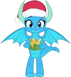 Size: 5542x6001 | Tagged: safe, artist:ponygamer2020, derpibooru import, oc, oc:frosty, oc:frosty the dragon, dragon, christmas, dragon oc, hat, hearth's warming, holiday, ice dragon, image, looking at you, non-pony oc, png, present, santa hat, simple background, smiling, smiling at you, solo, spread wings, transparent background, vector, wings