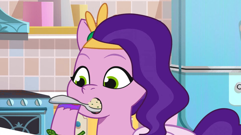 Size: 3072x1727 | Tagged: safe, derpibooru import, screencap, pipp petals, pegasus, pony, my little pony: tell your tale, spoiler:g5, spoiler:my little pony: tell your tale, spoiler:tyts01e41, a day in the life (episode), eating, female, food, g5, high res, image, jpeg, mare, solo, spoon, youtube link