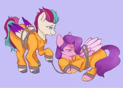 Size: 2048x1476 | Tagged: safe, artist:twilightsparkee, derpibooru import, pipp petals, zipp storm, pegasus, pony, bondage, clothes, duo, female, g5, image, jpeg, prison outfit, purple background, royal sisters (g5), siblings, simple background, sisters