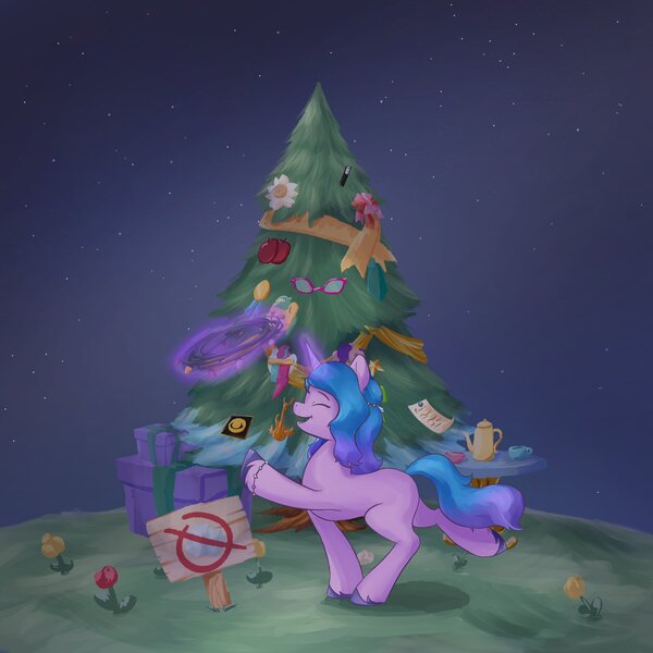 Size: 4096x4096 | Tagged: safe, artist:felldeal, derpibooru import, izzy moonbow, pony, unicorn, series:daily drawing december, christmas, decoration, g5, glow, glowing horn, happy, holiday, horn, image, jpeg, magic, magic aura, solo, telekinesis, tree