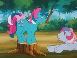Size: 960x720 | Tagged: safe, derpibooru import, screencap, fizzy, sweet stuff, earth pony, pony, twinkle eyed pony, unicorn, my little pony 'n friends, sweet stuff and the treasure hunt, bow, duo, female, g1, image, mare, png, tail, tail bow