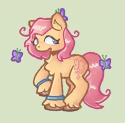 Size: 823x811 | Tagged: safe, artist:toaestt, derpibooru import, butterfly, earth pony, insect, pony, bracelet, chest fluff, female, freckles, g2, gray eyes, image, jewelry, jpeg, raised hoof, redesign, shiny hoof, short hair, sky shimmer, solo