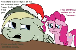 Size: 2484x1639 | Tagged: safe, artist:didgereethebrony, derpibooru import, pinkie pie, oc, oc:didgeree, earth pony, pegasus, pony, christmas, depressed, depression, hat, holiday, image, png, sad, santa hat, simple background, squishy cheeks, teary eyes, transparent background