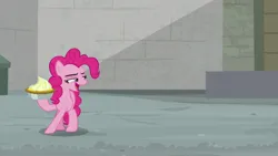 Size: 2560x1440 | Tagged: safe, derpibooru import, screencap, pinkie pie, earth pony, pony, the last laugh, female, food, image, jpeg, mare, open mouth, pie, solo