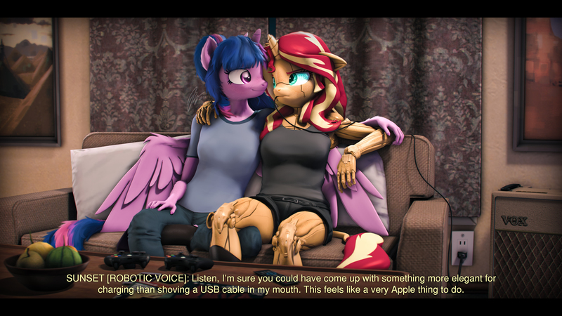 Size: 9600x5400 | Tagged: safe, artist:imafutureguitarhero, derpibooru import, sci-twi, sunset shimmer, twilight sparkle, alicorn, anthro, classical unicorn, pony, robot, robot pony, unguligrade anthro, unicorn, 3d, absurd file size, absurd resolution, amplifier, aperture, aperture iris, arm fluff, arm freckles, black bars, boots, cable, charging, cheek fluff, chest freckles, chromatic aberration, clothes, cloven hooves, coffee table, colored eyebrows, colored eyelashes, controller, couch, curtains, denim, dialogue, dialogue in the description, duo, ear fluff, ear freckles, female, film grain, floppy ears, freckles, fruit, fruit bowl, hoof boots, horn, image, iphone, jeans, jpeg, leather, leather boots, leonine tail, lesbian, long nails, looking at each other, looking at someone, magazine, mare, multicolored hair, multicolored mane, multicolored tail, one ear down, outlet, painting, paintover, pants, peppered bacon, pillow, plug, remote, revamped anthros, revamped ponies, roboticization, scitwilicorn, scitwishimmer, shipping, shirt, shoes, shorts, signature, sitting, smiling, source filmmaker, story included, subtitles, sunset shimmer is not amused, sunsetsparkle, table, tail, tail fluff, tanktop, text, unamused, unshorn fetlocks, usb, wall of tags, wing fluff, wing freckles, wings, xbox 360 controller