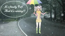 Size: 828x458 | Tagged: safe, derpibooru import, fluttershy, oc, oc:best candy, human, boots, clothes, earmuffs, gloves, humanized, image, jacket, jpeg, kisekae, rain, raincoat, scarf, shirt, shoes, skirt, solo, umbrella